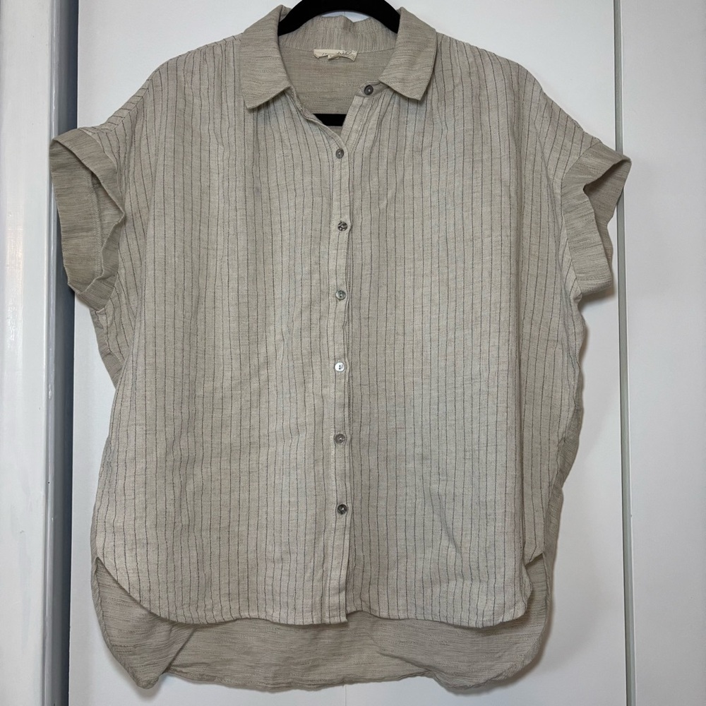 Mystree Women’s Button-Up Short Sleeve Shirt Beige Cotton Linen Size S